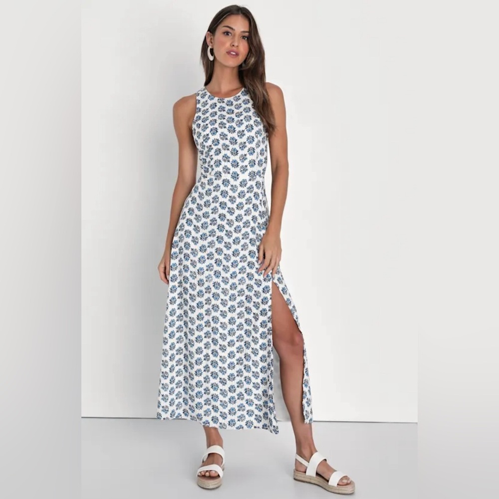 Lulu’s Flirty Fave Ivory Floral Print Tie-Back Midi Dress